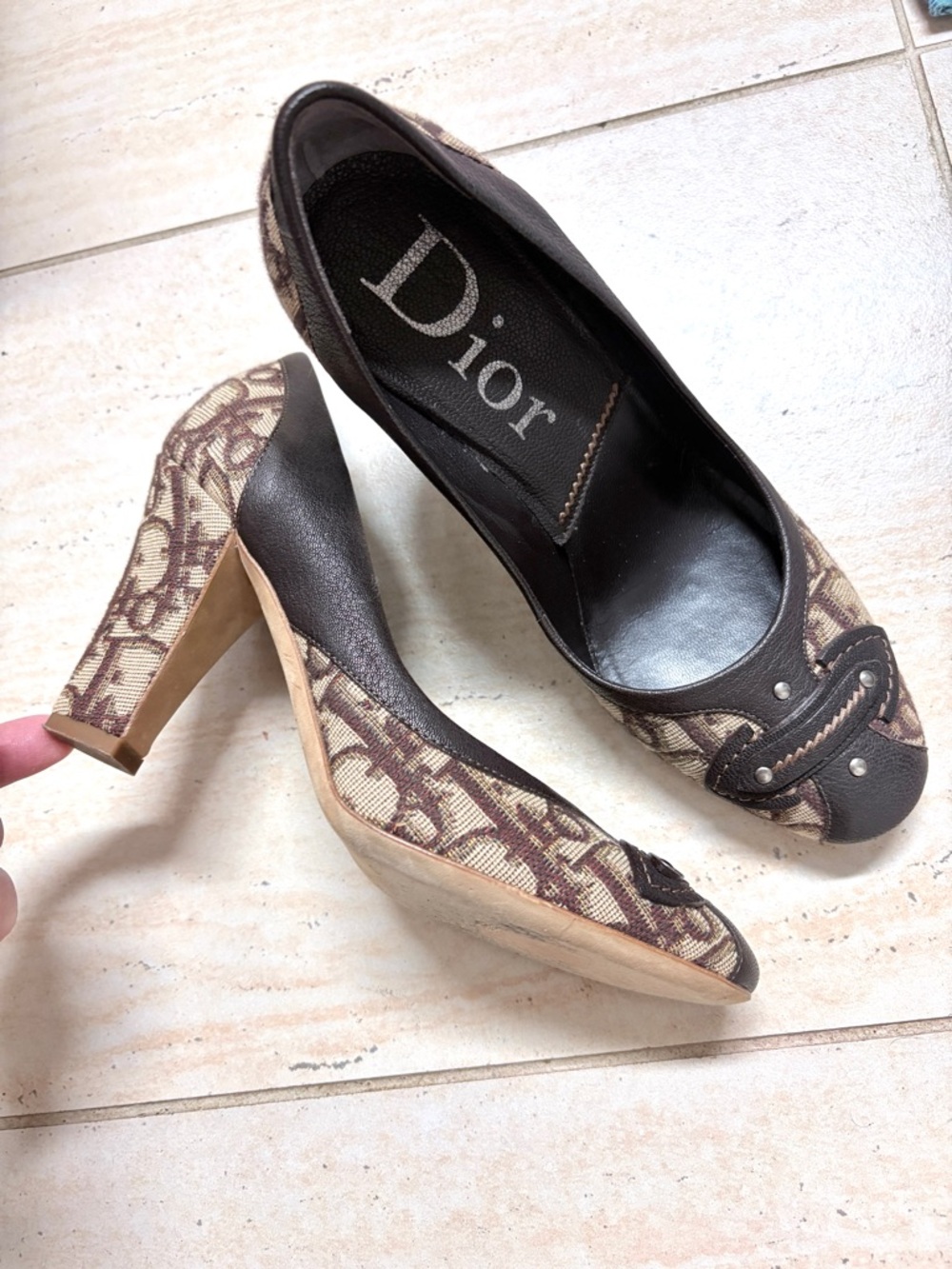 Dior Brown Canvas Logo Block-Heel Pumps, Size 36